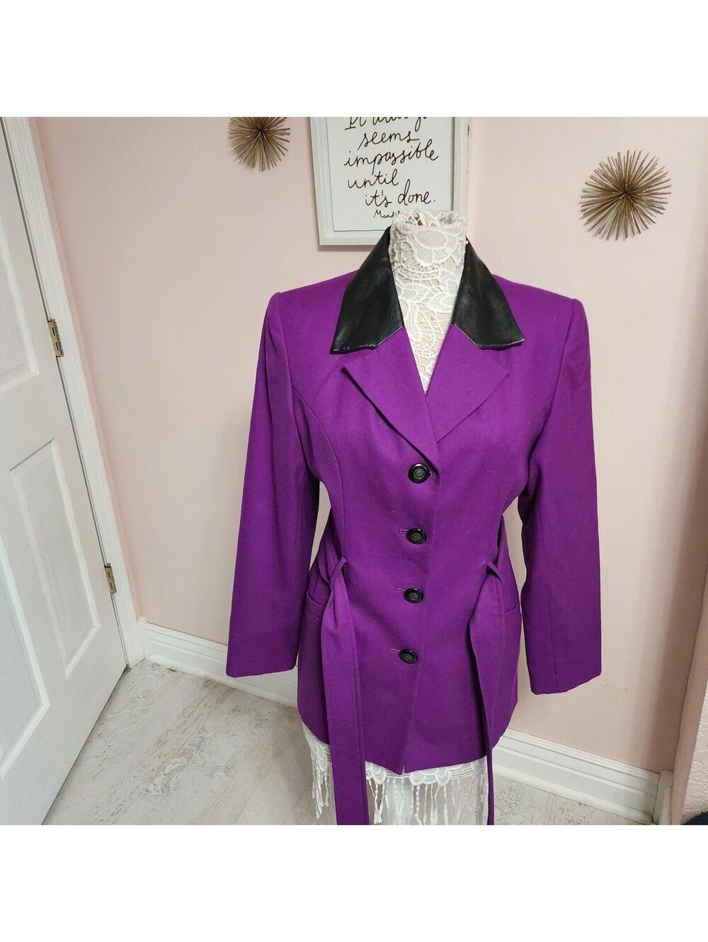 Vintage Gantos Purple Wool Belted Jacket Size 12 Faux Leather Collar Read - Picture 2 of 9